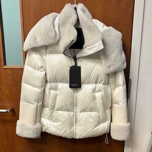 Dawn Levy Cream Puffer Jacket with Faux Fur Collar